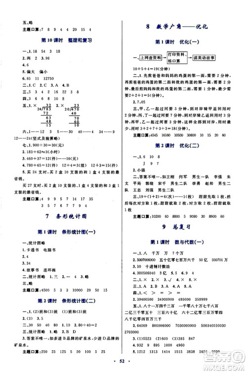 2019年小学同步学习目标与检测数学四年级上册人教版参考答案