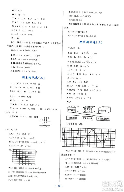 2019年小学同步学习目标与检测数学五年级上册人教版参考答案