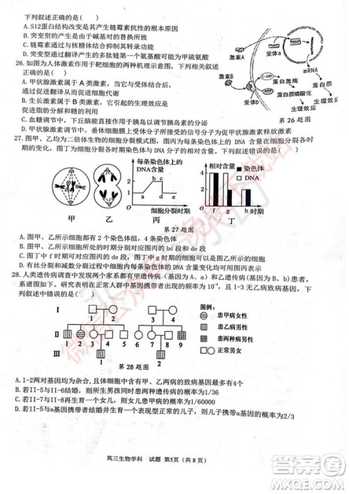 2020届浙南名校联盟第一次联考生物试题及答案