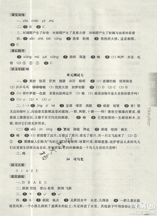 2019年华东师大版一课一练三年级语文第一学期参考答案