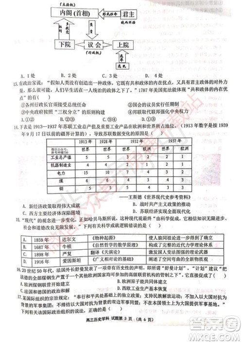 2020届浙南名校联盟第一次联考历史试题及答案