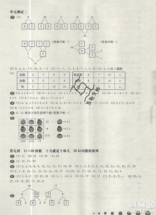 2019年华东师大版一课一练一年级数学第一学期增强版参考答案