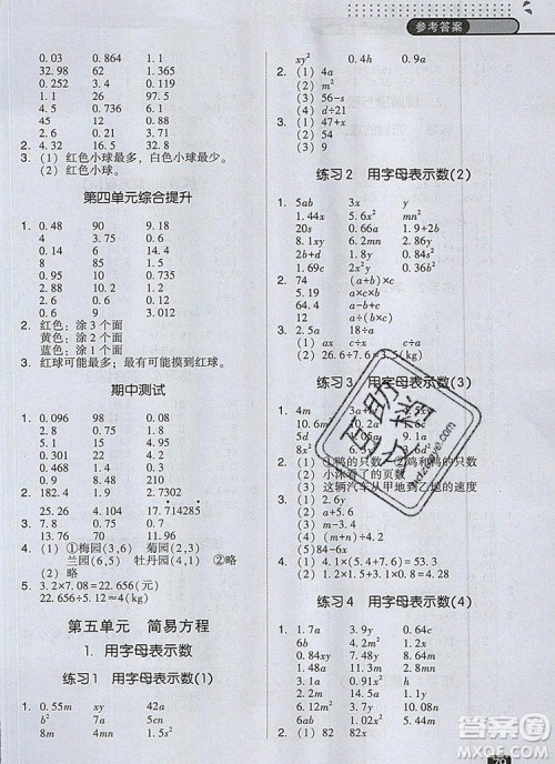 2019年木头马口算计算小状元小学数学口算计算天天练五年级上册人教版参考答案