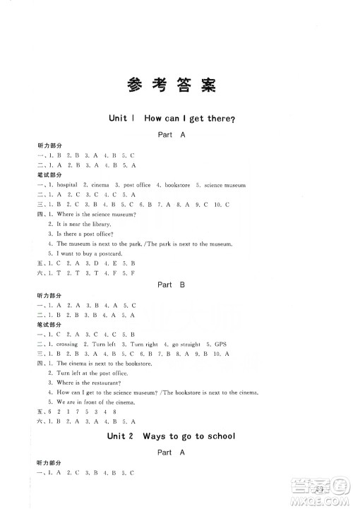 山东人民出版社2019小学英语同步学习6年级上册人教版PEP答案