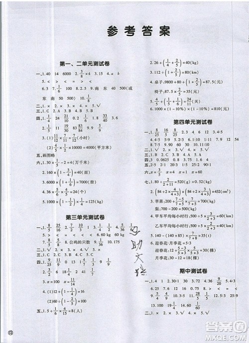 2019年一本我爱写作业小学数学六年级上册人教版参考答案 2019年一本我爱写作业小学数学六年级上册人教版参考答案
