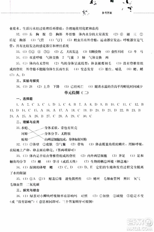 山东大学出版社2019年初中课堂同步训练生物学八年级上册参考答案