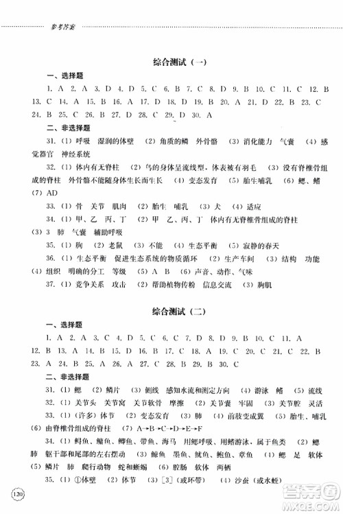 山东大学出版社2019年初中课堂同步训练生物学八年级上册参考答案 山东大学出版社2019年初中课堂同步训练生物学八年级上册参考答案