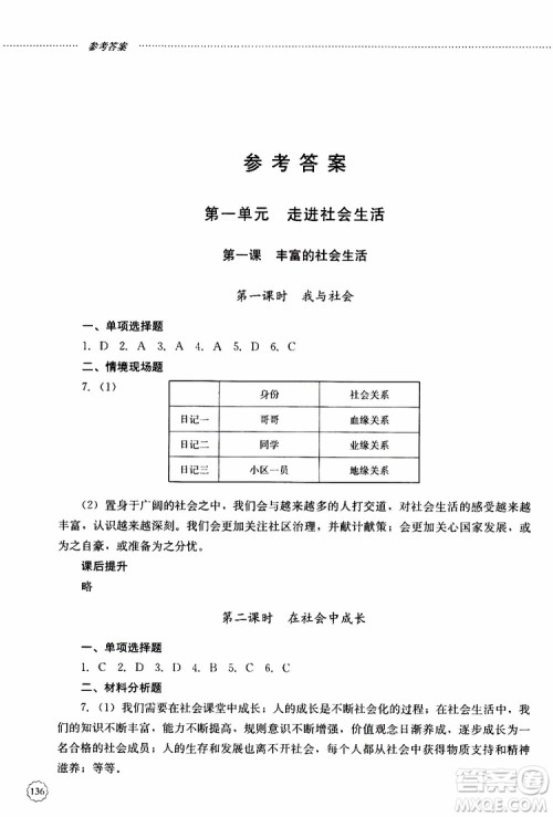 山东大学出版社2019年初中课堂同步训练道德与法治八年级上册参考答案