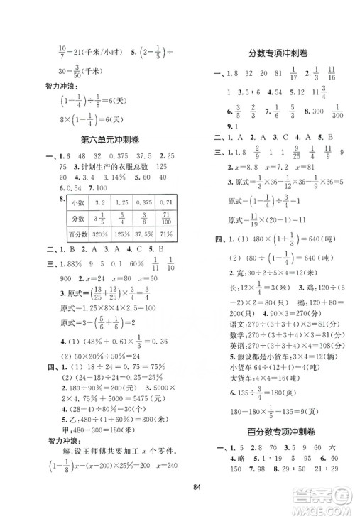 2019名师点拨期末冲刺满分卷六年级数学上册国标江苏版答案