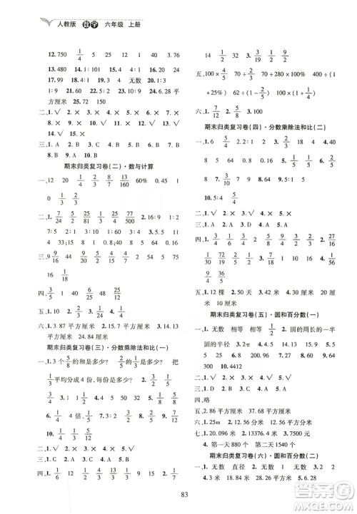 2019云南名校名卷期末冲刺100分六年级数学人教版答案