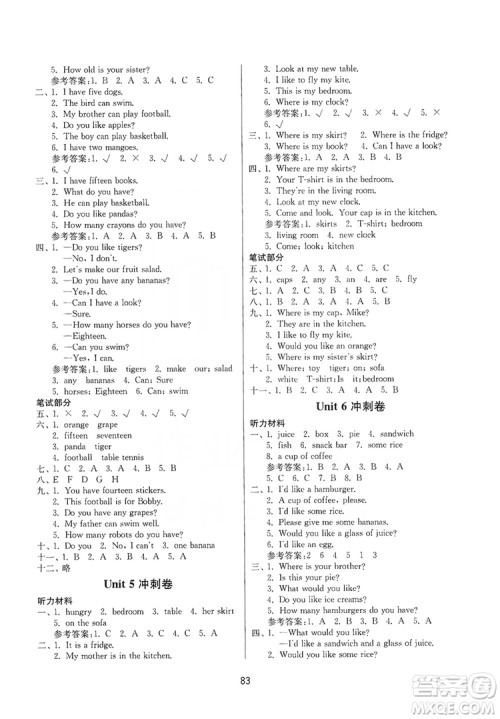 2019名师点拨期末冲刺满分卷四年级英语上册国标江苏版答案