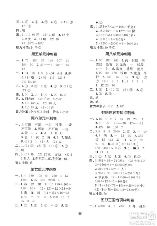 2019名师点拨期末冲刺满分卷四年级数学上册江苏版适用答案