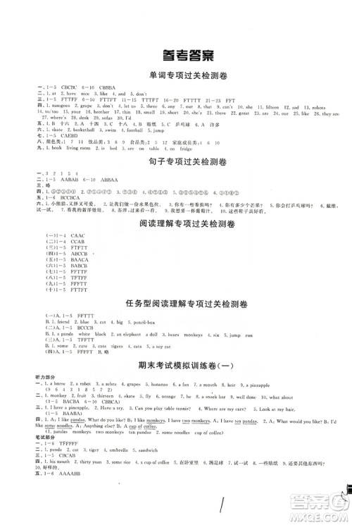 江苏人民出版社2019期末冲刺满分卷四年级英语上册译林牛津版YLNJ答案
