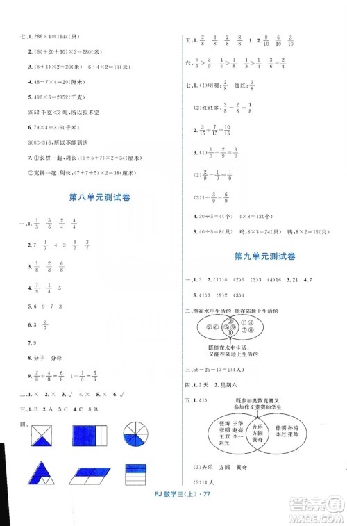 2019赢在起跑线天天100分小学优化测试卷数学三年级上册RJ人教版答案