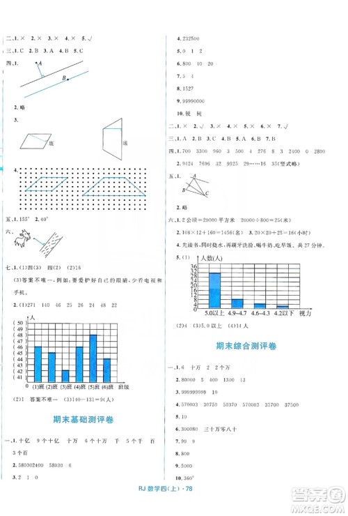 2019赢在起跑线天天100分小学优化测试卷数学四年级上册RJ人教版答案