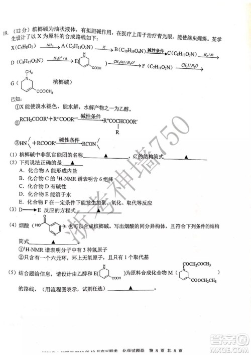 浙江省十校联盟2019年10月高三联考化学试题及答案