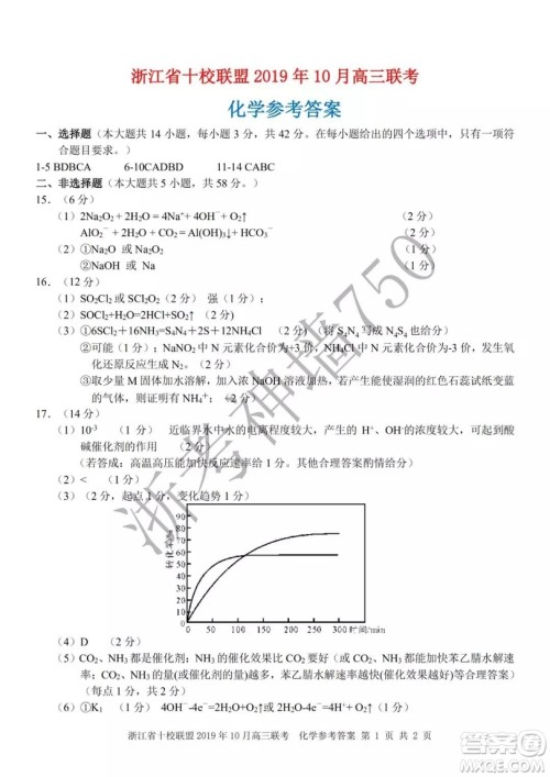 浙江省十校联盟2019年10月高三联考化学试题及答案 浙江省十校联盟2019年10月高三联考化学试题及答案