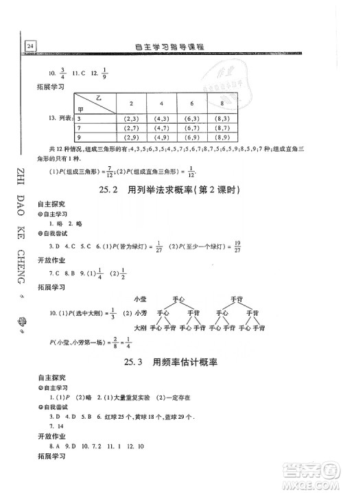 明天出版社2019自主学习指导课程九年级数学上册答案