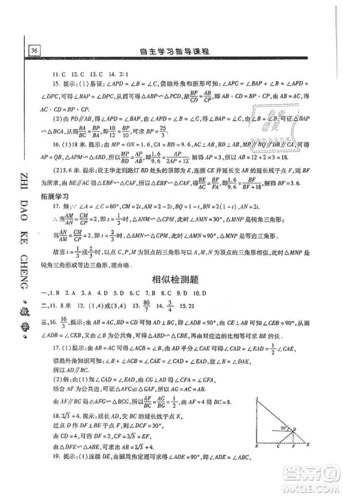 明天出版社2019自主学习指导课程九年级数学上册答案