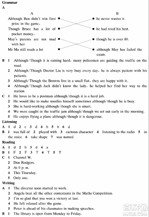 海天出版社2019秋知识与能力训练英语评价手册九年级A上教版参考答案