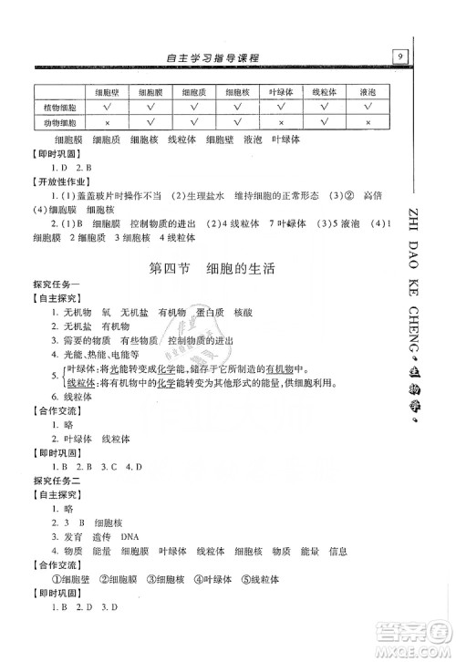 明天出版社2019自主学习指导课程七年级生物学上册人教版答案