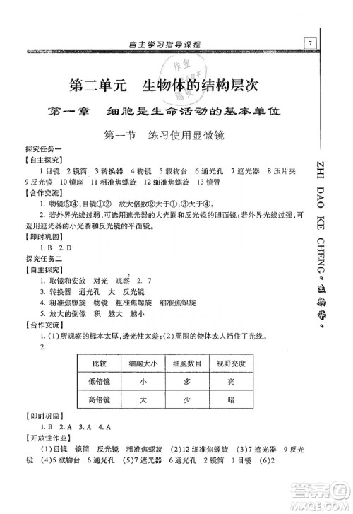 明天出版社2019自主学习指导课程七年级生物学上册人教版答案