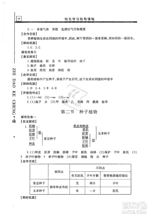 明天出版社2019自主学习指导课程七年级生物学上册人教版答案 明天出版社2019自主学习指导课程七年级生物学上册人教版答案