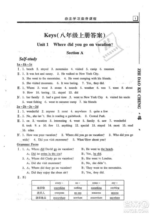 明天出版社2019自主学习指导课程8年级英语上册人教版答案