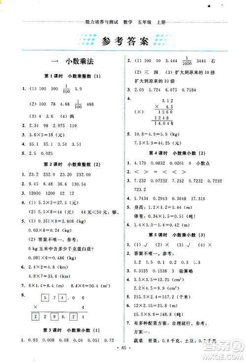 2019年能力培养与测试数学五年级上册人教版参考答案
