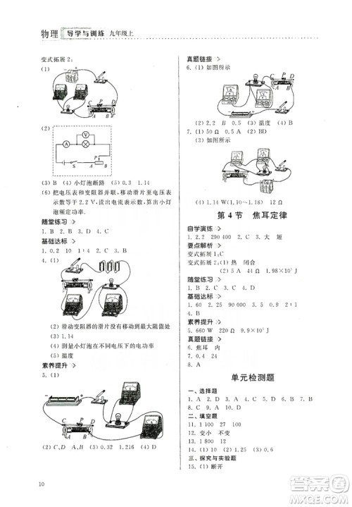 山东人民出版社2019导学与训练九年级物理上册人教版答案