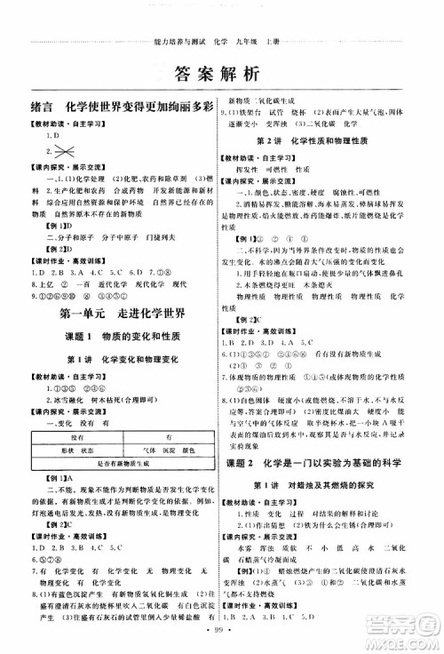 2019年能力培养与测试化学九年级上册人教版参考答案