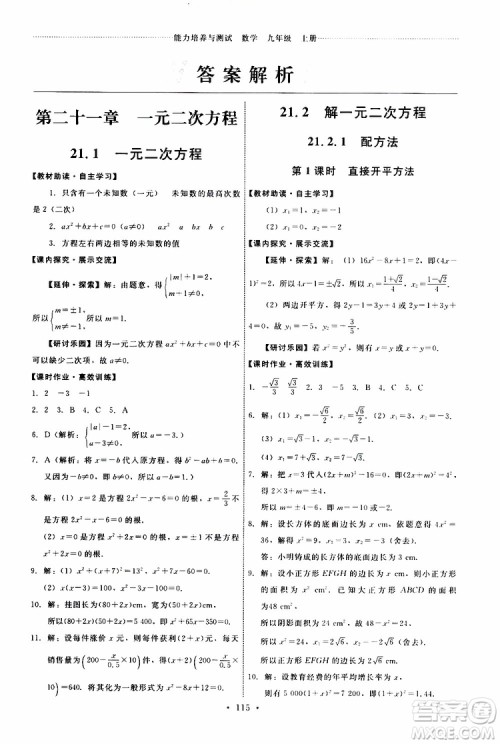 2019年能力培养与测试数学九年级上册人教版参考答案