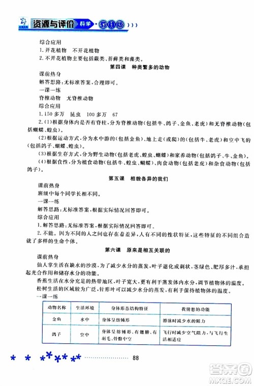 黑龙江教育出版社2019年资源与评价科学六年级上册教科版参考答案