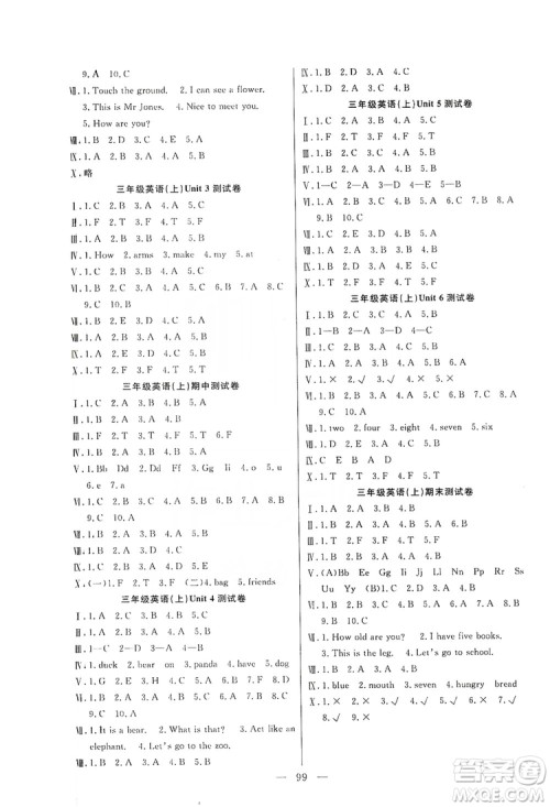阳光出版社2019快乐练习作业本英语三年级上册人教版答案