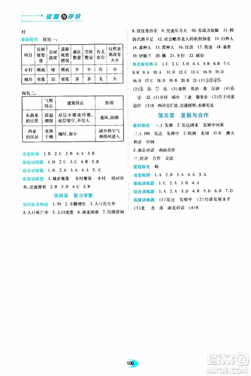 2019年资源与评价地理七年级上册人教版参考答案