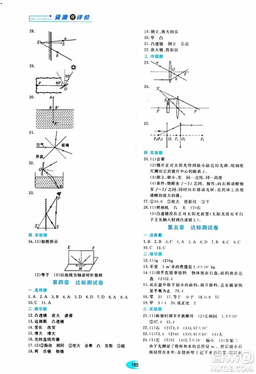 2019年五四学制资源与评价物理八年级上册山科技版参考答案