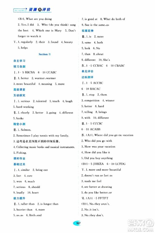 黑龙江教育出版社2019年资源与评价英语八年级上册人教版参考答案 黑龙江教育出版社2019年资源与评价英语八年级上册人教版参考答案