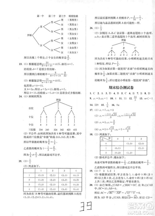 江苏人民出版社2019南通小题课时作业本九年级数学上册江苏版答案