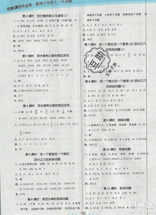 江苏凤凰美术出版社2019年创新课时作业本六年级数学上册江苏版答案 江苏凤凰美术出版社2019年创新课时作业本六年级数学上册江苏版答案