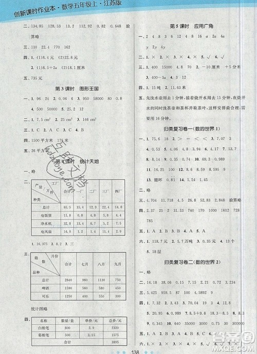 江苏凤凰美术出版社2019年创新课时作业本五年级数学上册江苏版答案