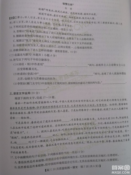2020届河南九师联盟高三10月联考语文试题及答案 2020届河南九师联盟高三10月联考语文试题及答案