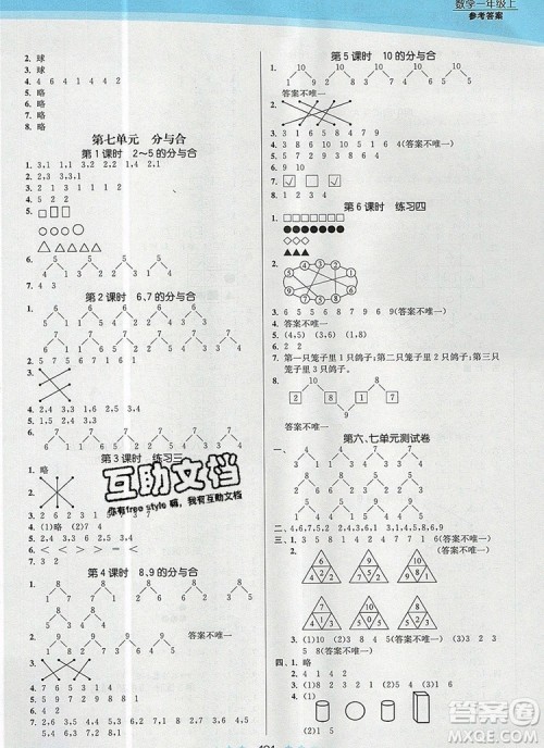 江苏凤凰美术出版社2019年创新课时作业本一年级数学上册江苏版答案