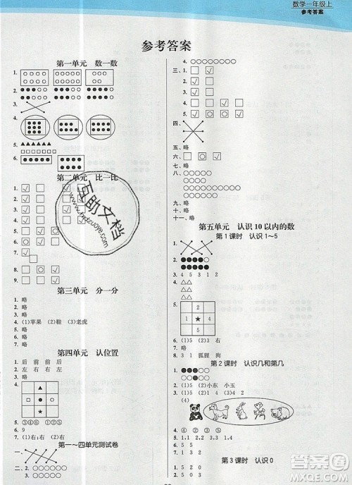 江苏凤凰美术出版社2019年创新课时作业本一年级数学上册江苏版答案