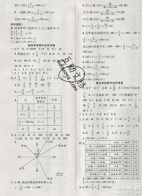 2019年小学同步检测必备全优考卷六年级数学上册人教版答案