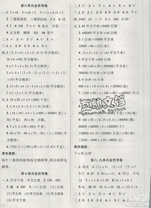 2019年小学同步检测必备全优考卷五年级数学上册冀教版答案 2019年小学同步检测必备全优考卷五年级数学上册冀教版答案