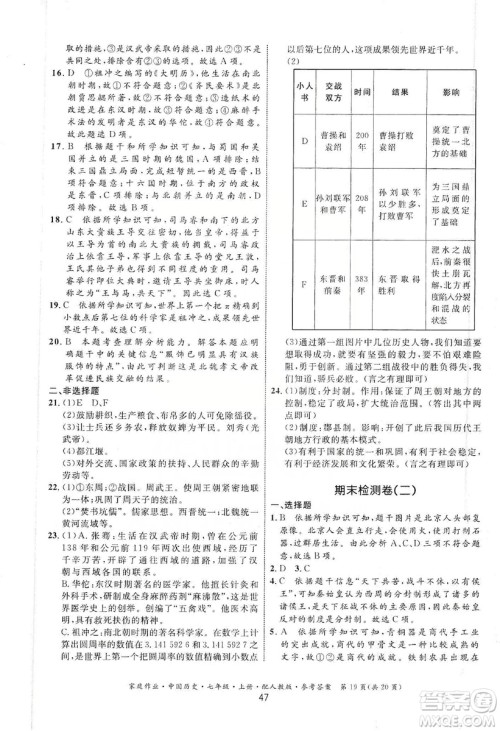 贵州教育出版社2019家庭作业七年级中国历史上册人教版答案