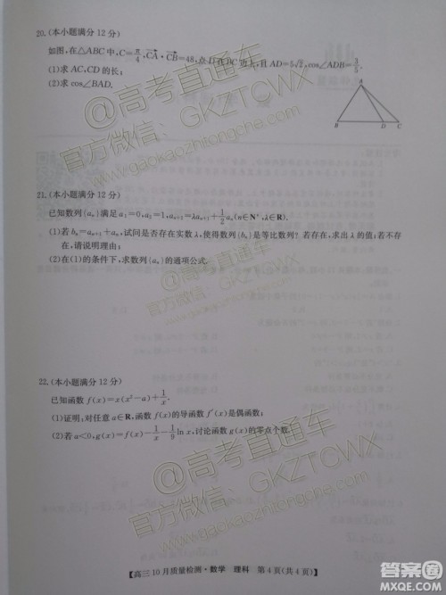 2020届河南九师联盟高三10月联考理科数学试题及答案