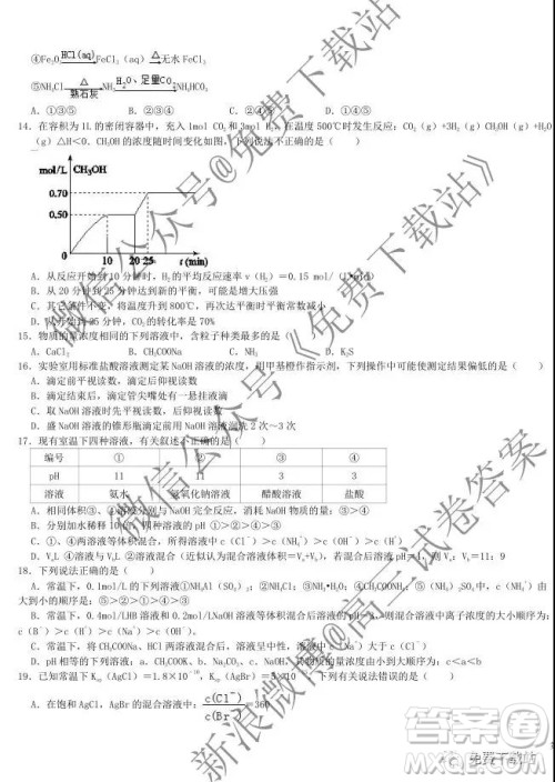 2020衡水中学高三上学期第五次调研考试化学试题及答案 2020衡水中学高三上学期第五次调研考试化学试题及答案
