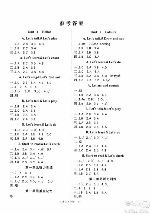 2019秋优翼丛书学练优小学英语三年级上PEP人教版参考答案