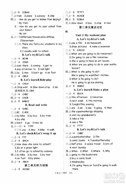 2019秋优翼丛书学练优小学英语六年级上PEP人教版参考答案